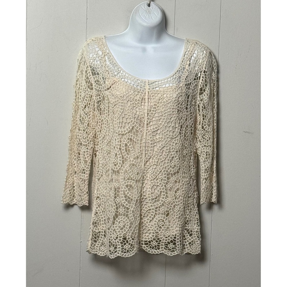 NWT Adiva Cream Crochet Lace Top 3/4 Sleeve Lined Boho Blouse Size Medium